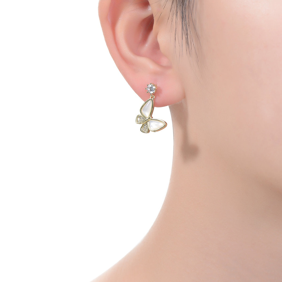  14k Yellow Gold Plated Butterfly Dangle Earrings With Clear Cubic Zirconia - Clear+Mop - Bonton