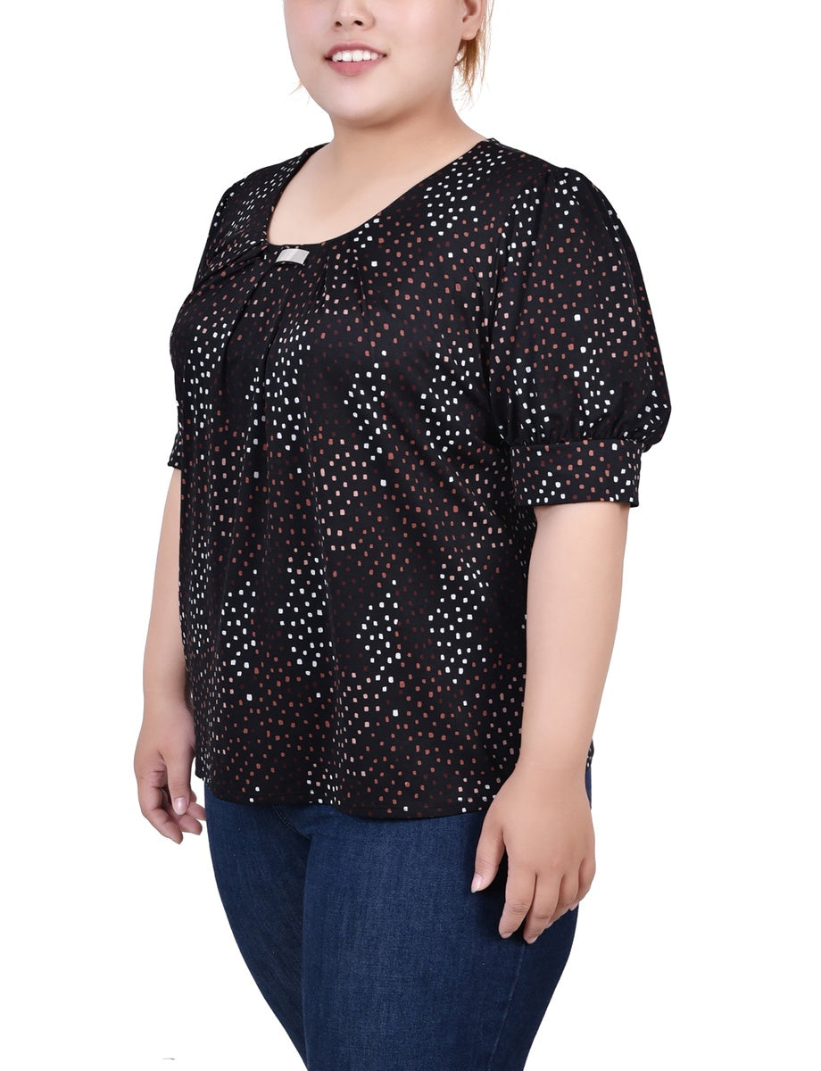  NY Collection Plus Size Short Sleeve Balloon Sleeve Top With Hardware - Black Taupe Zebra - Bonton