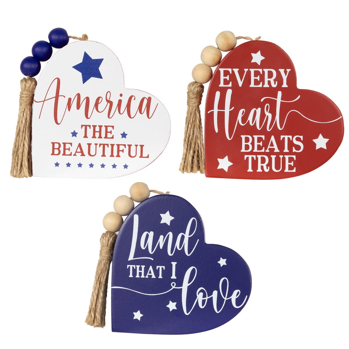  Northlight Patriotic Hearts With Beaded Tassels Wooden Signs - 3.75