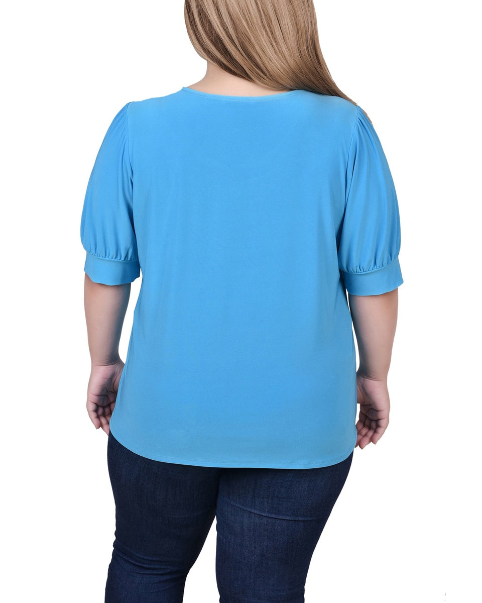  NY Collection Plus Size Short Sleeve Balloon Sleeve Top With Hardware - Bittersweet - Bonton