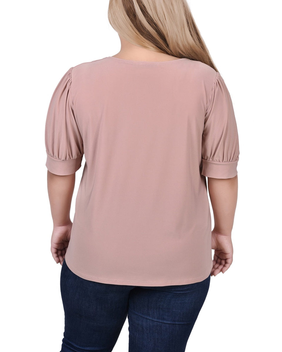  NY Collection Plus Size Short Sleeve Balloon Sleeve Top With Hardware - Bittersweet - Bonton