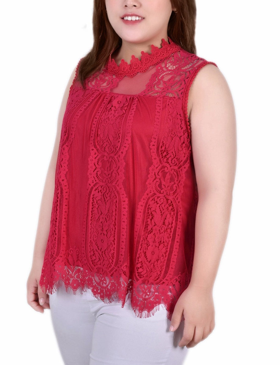  NY Collection Plus Size Sleeveless Mock Neck Lace Top - Black Nude - Bonton