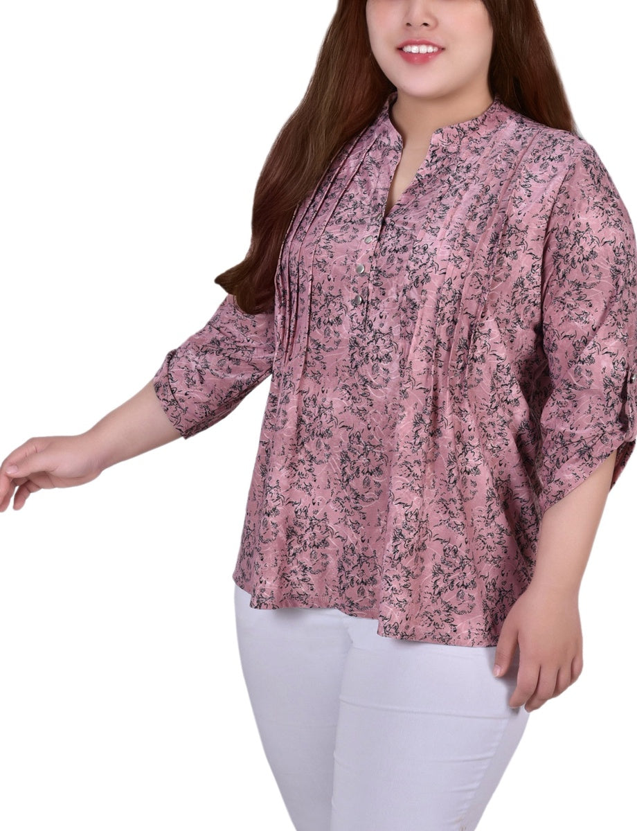  NY Collection Plus Size 3/4 Roll Tab Sleeve Y Neck Top - Grey Floral - Bonton