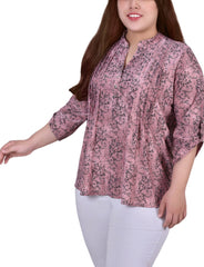 Plus Size 3/4 Roll Tab Sleeve Y Neck Top