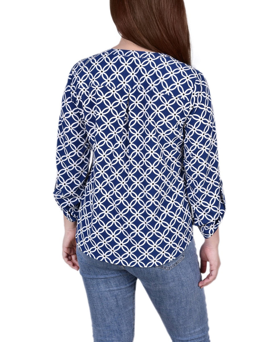  NY Collection Petite 3/4 Sleeve Roll Tab Y Neck Blouse - Black White Abstract - Bonton