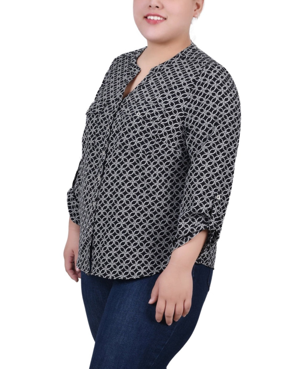  NY Collection Plus Size 3/4 Roll Tab Sleeve Y-Neck Blouse - Black White Rope Iconic - Bonton