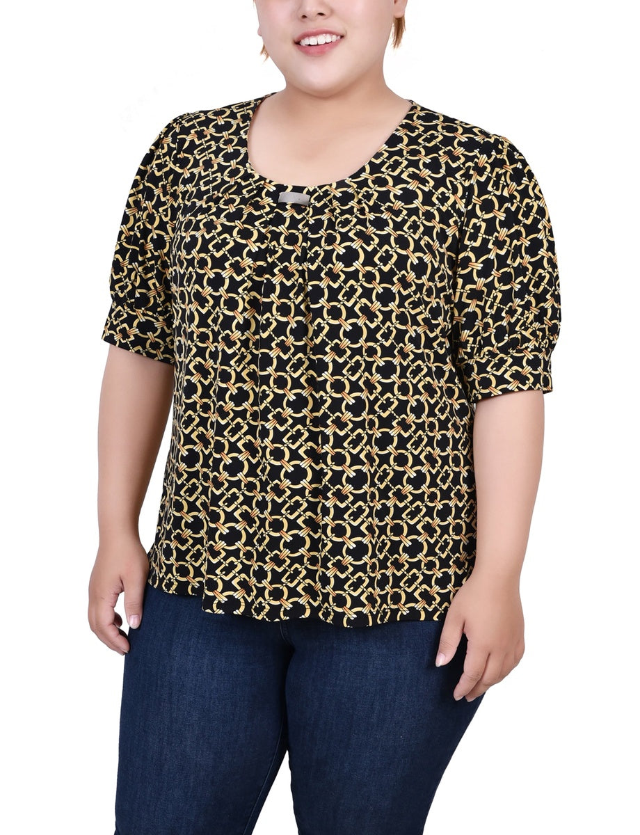  NY Collection Plus Size Short Sleeve Balloon Sleeve Top With Hardware - Black Taupe Zebra - Bonton