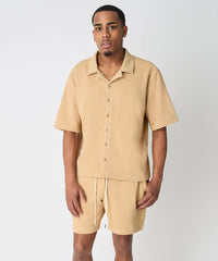 Textured Knit Short Sleeve Button Down Shirt - Taupe