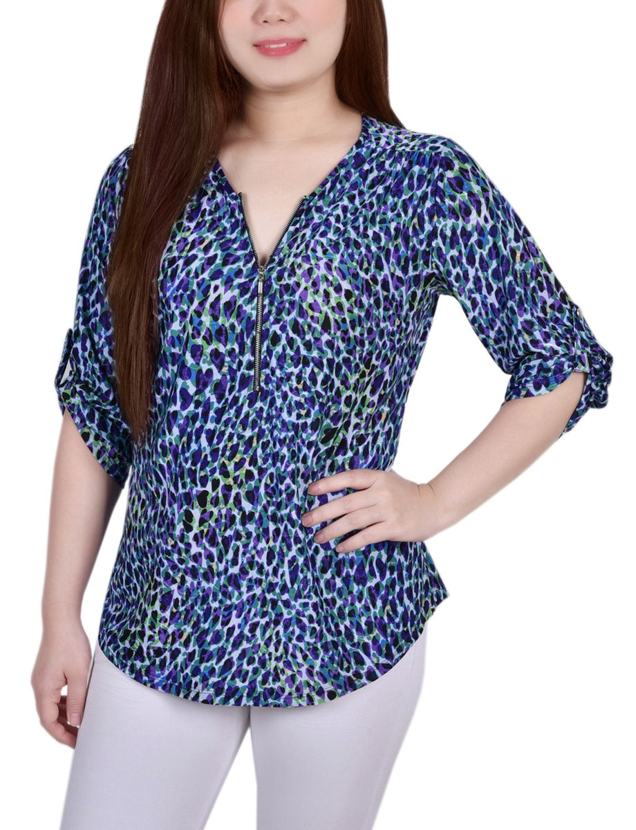  NY Collection 3/4 Roll Tab Zip Front Jacquard Knit Top - Red Sakadotduo - Bonton