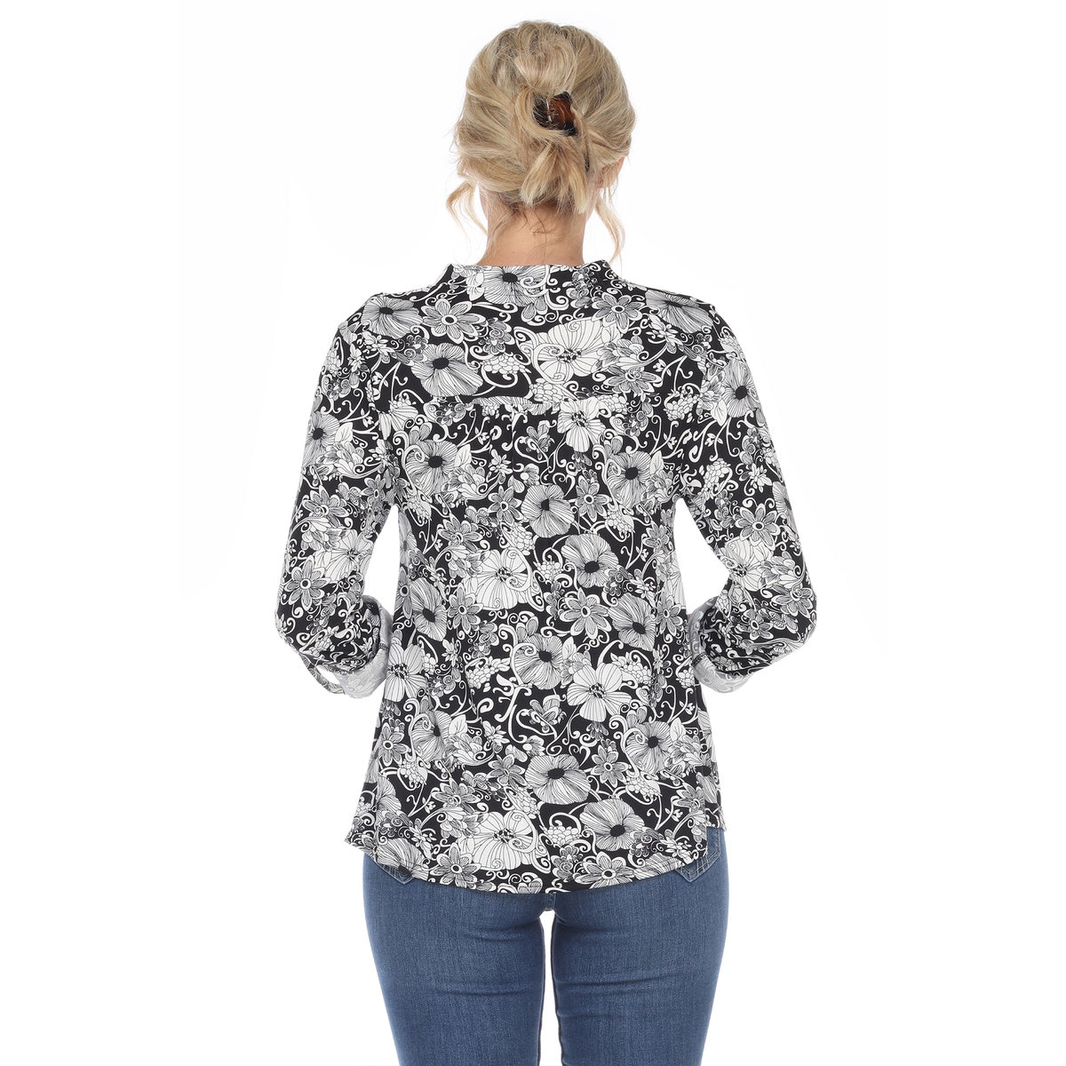  White Mark Women's Pleated Long Sleeve Floral Print Blouse - S - Bonton