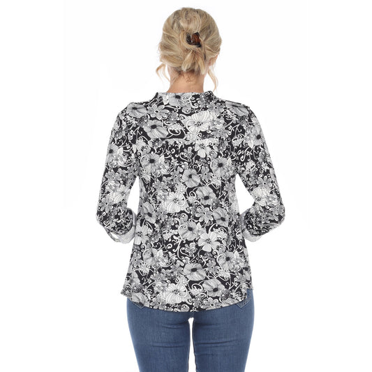 Women's Pleated Long Sleeve Floral Print Blouse