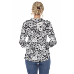 Women's Pleated Long Sleeve Floral Print Blouse