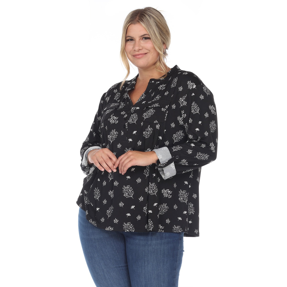  White Mark Plus Size Pleated Long Sleeve Leaf Print Blouse - 1X - Bonton