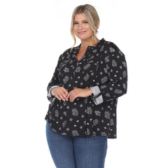 Plus Size Pleated Long Sleeve Leaf Print Blouse