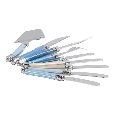 Essential 9-Piece Laguiole Cheese Knife and Spreader Set With Shades of Blue Handles