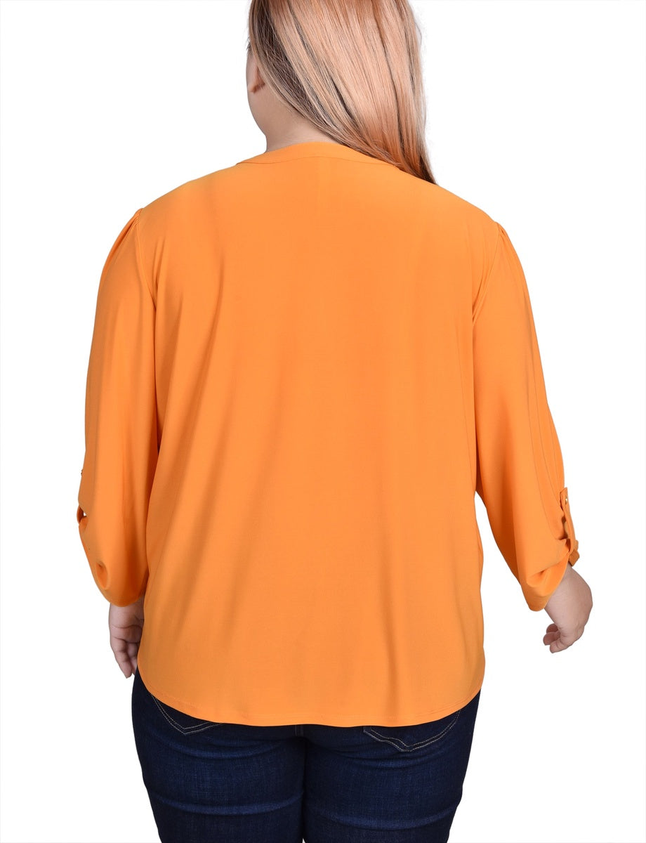  NY Collection Plus Size Long Sleeve Pintuck Front Top With Chain Details - Animal Lilas Dot - Bonton