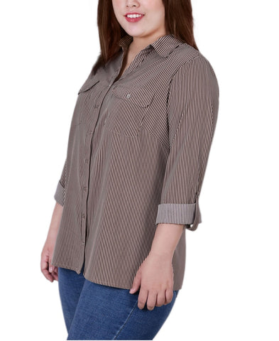 Plus Size 3/4 Sleeve Roll Tab Notch Collar Blouse