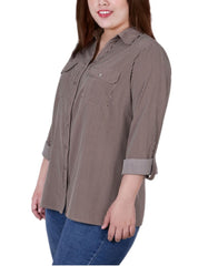 Plus Size 3/4 Sleeve Roll Tab Notch Collar Blouse