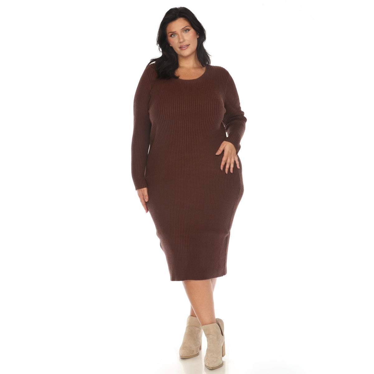  White Mark Plus Size Long Sleeve Rib Midi Sweater Dress - 1X - Bonton