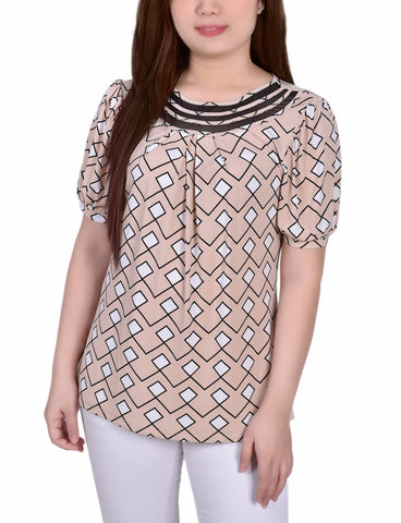 Petite Short Puff Sleeve Mesh Inset Top