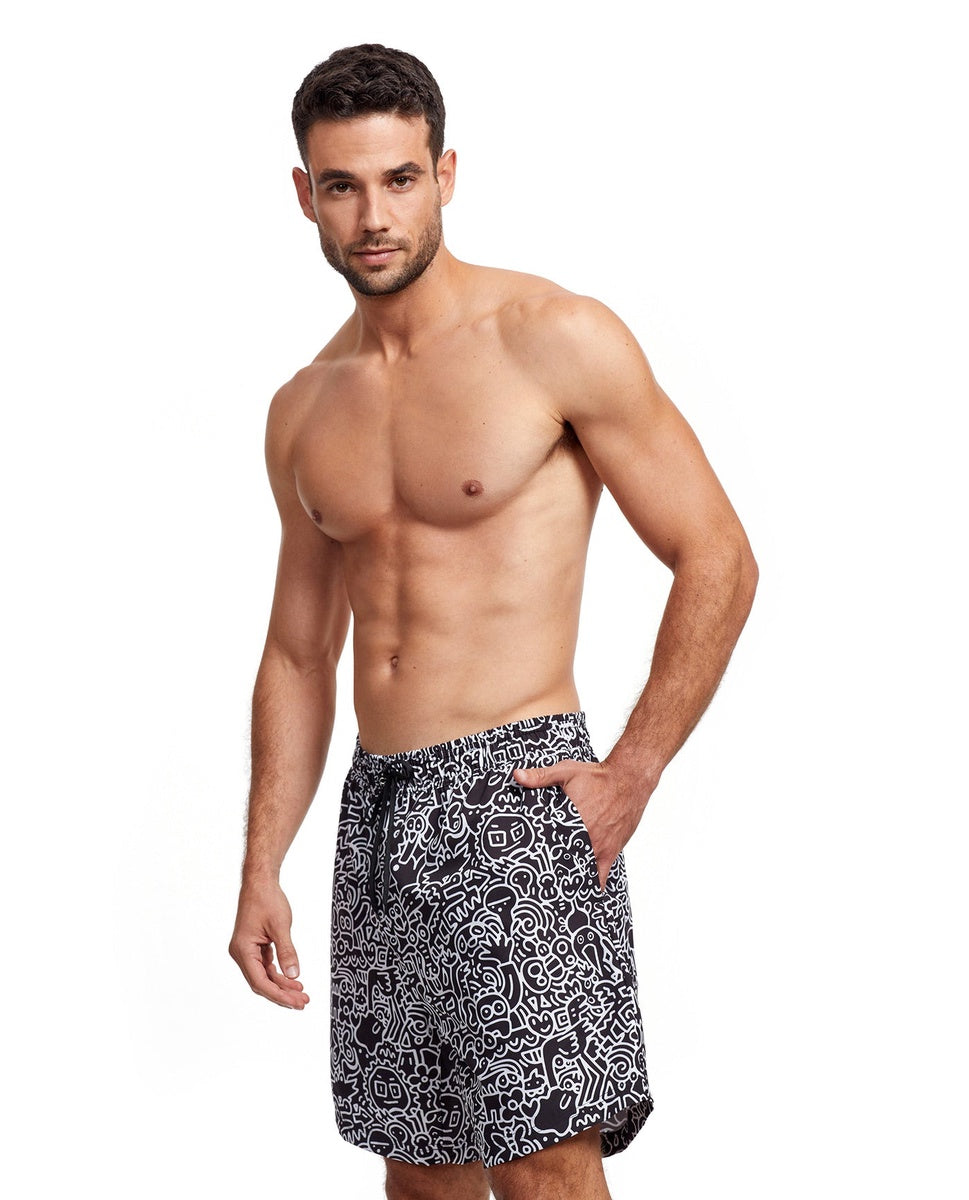  Gottex Men 7-Inch Swim Trunks - GOTTEX MEN GRAPHIC BLACK AND WHITE - Bonton