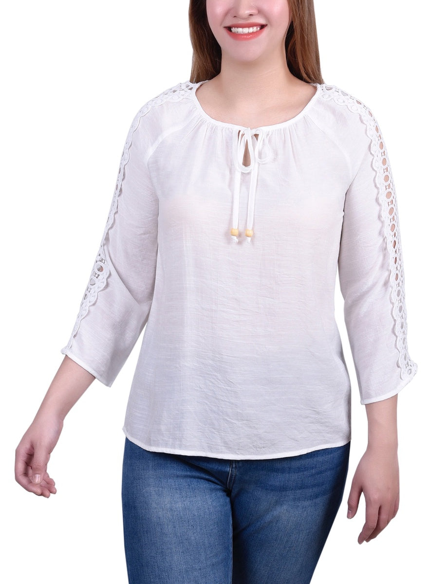  NY Collection 3/4 Sleeve Crochet Detail Blouse - Blue - Bonton