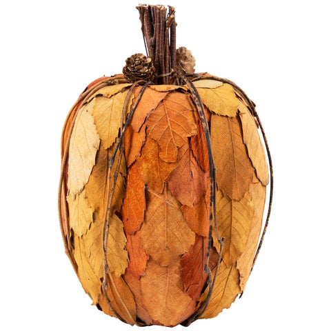 Fall Harvest Pumpkin With Layered Leaves and Pinecones - 9.75" - Orange and Brown