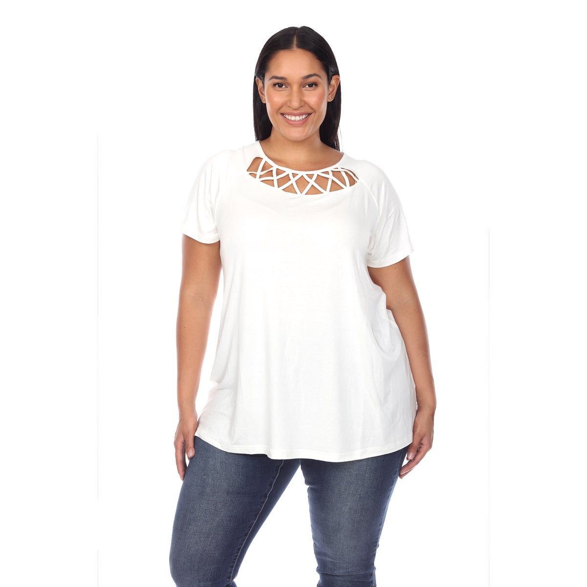  White Mark Plus Size Crisscross Cutout Short Sleeve Top - 1X - Bonton