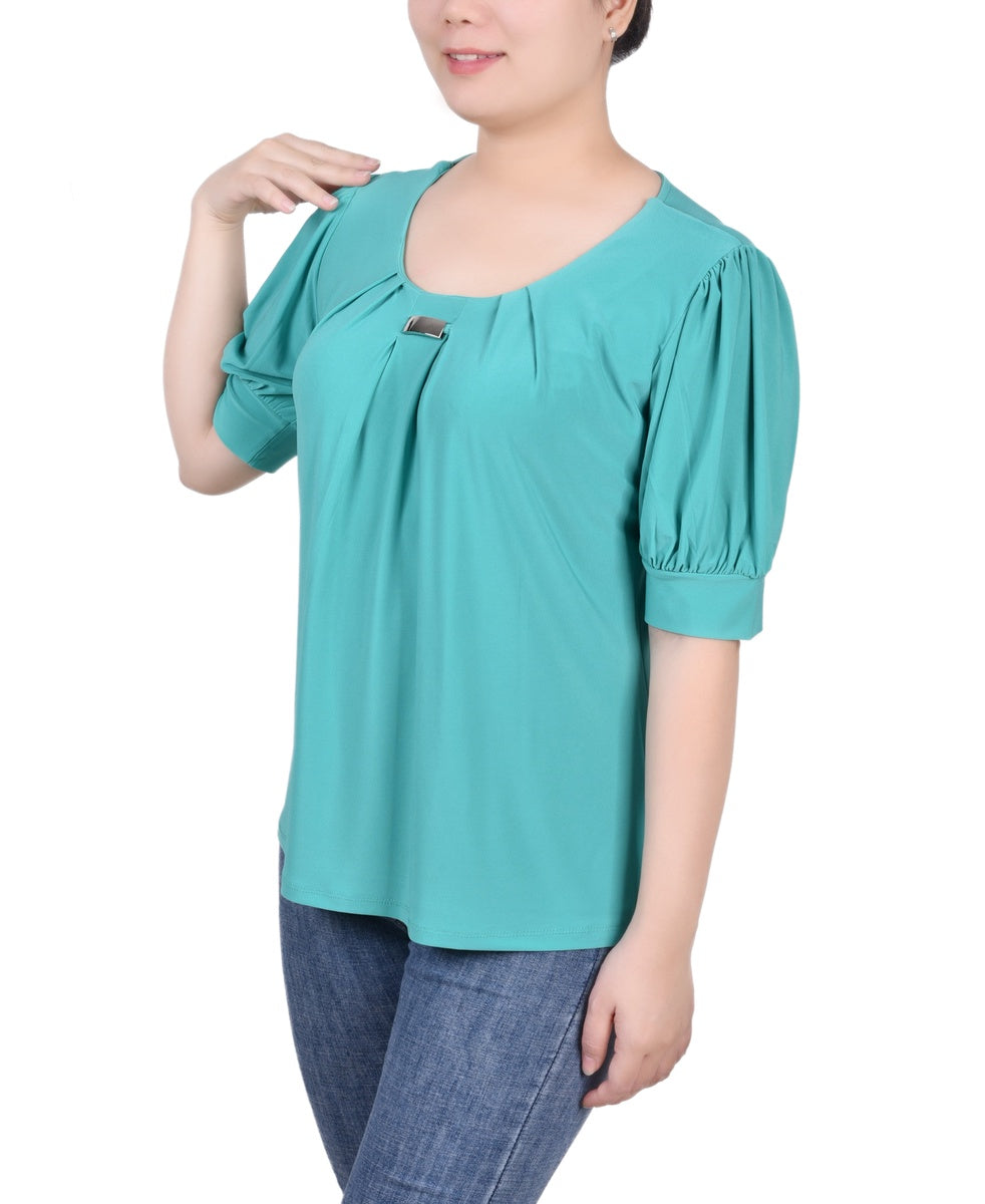  NY Collection Short Sleeve Balloon Sleeve Top With Hardware - Black - Bonton