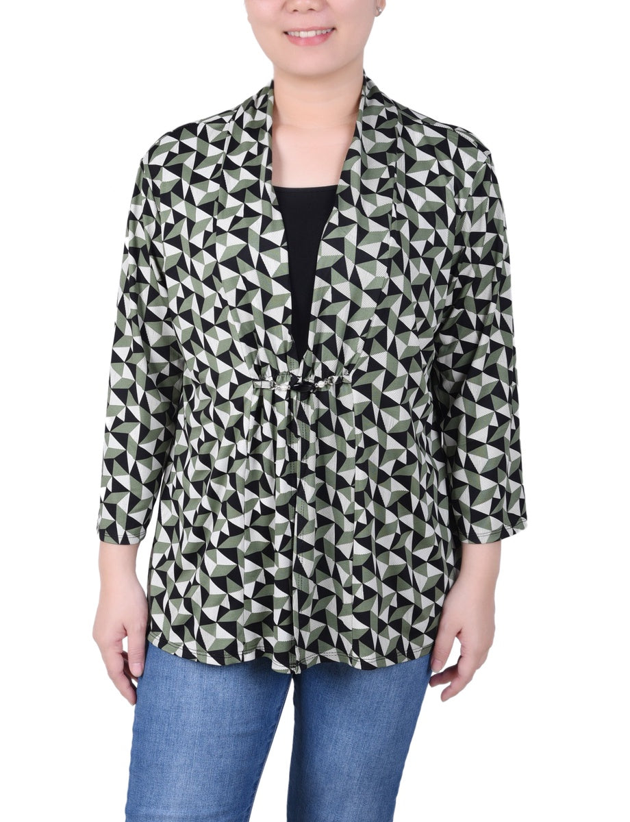  NY Collection Petite Puff Print 3/4 Sleeve Two-Fer Top - Jester Red Ivory Geo - Bonton