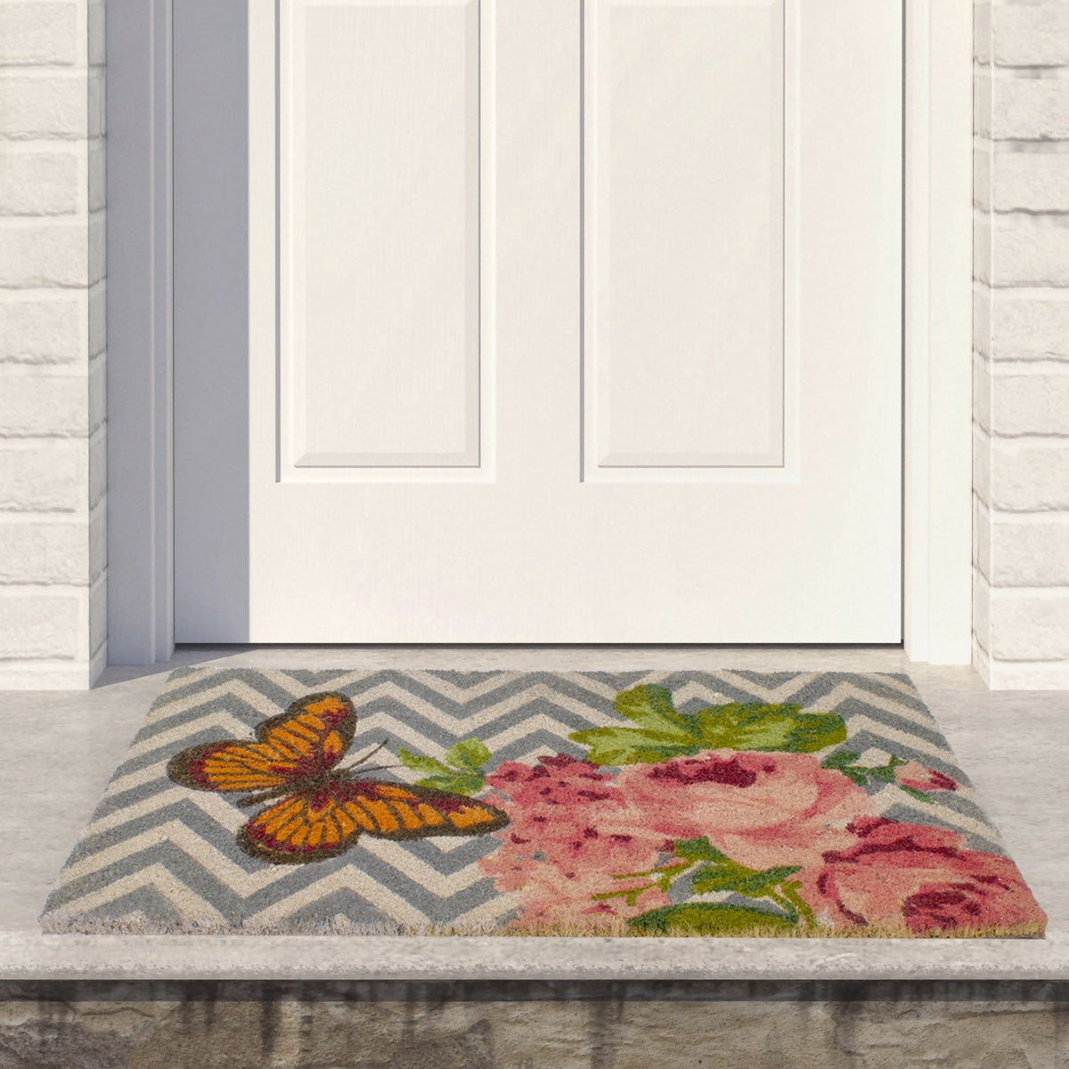  Northlight Coir Rose With a Butterfly Chevron Spring Door Mat 18