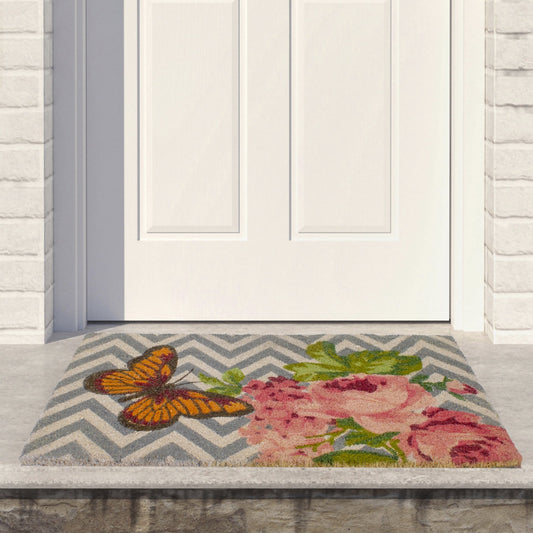 Coir Rose With a Butterfly Chevron Spring Door Mat 18" X 30"