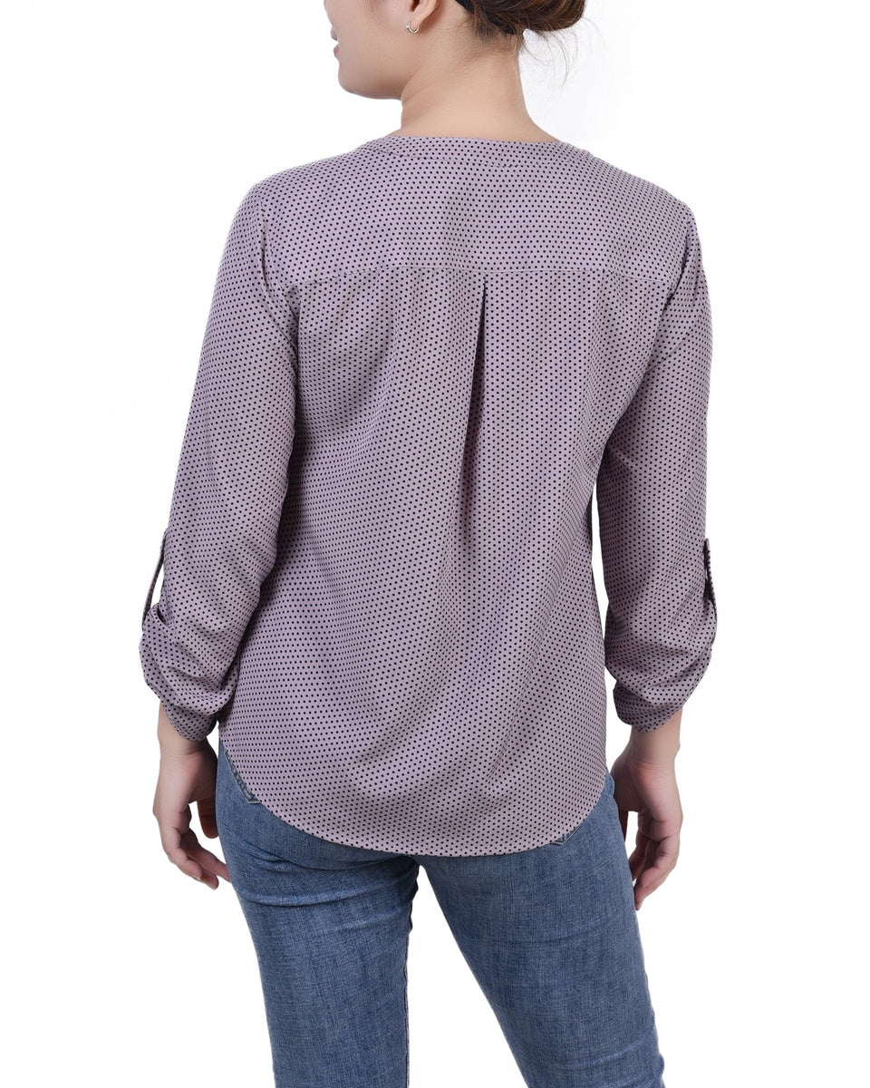  NY Collection Petite 3/4 Sleeve Roll Tab Y Neck Blouse - Black White Abstract - Bonton