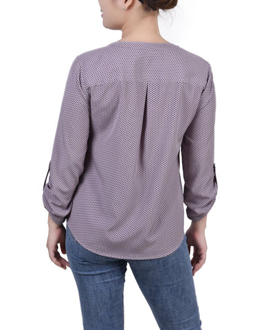 Petite 3/4 Sleeve Roll Tab Y Neck Blouse