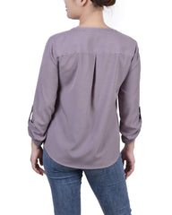 Petite 3/4 Sleeve Roll Tab Y Neck Blouse