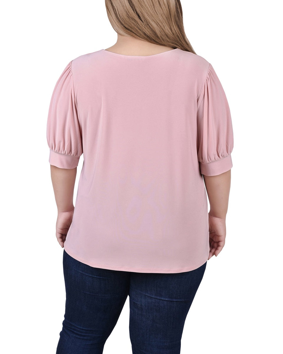  NY Collection Plus Size Short Sleeve Balloon Sleeve Top With Hardware - Bittersweet - Bonton