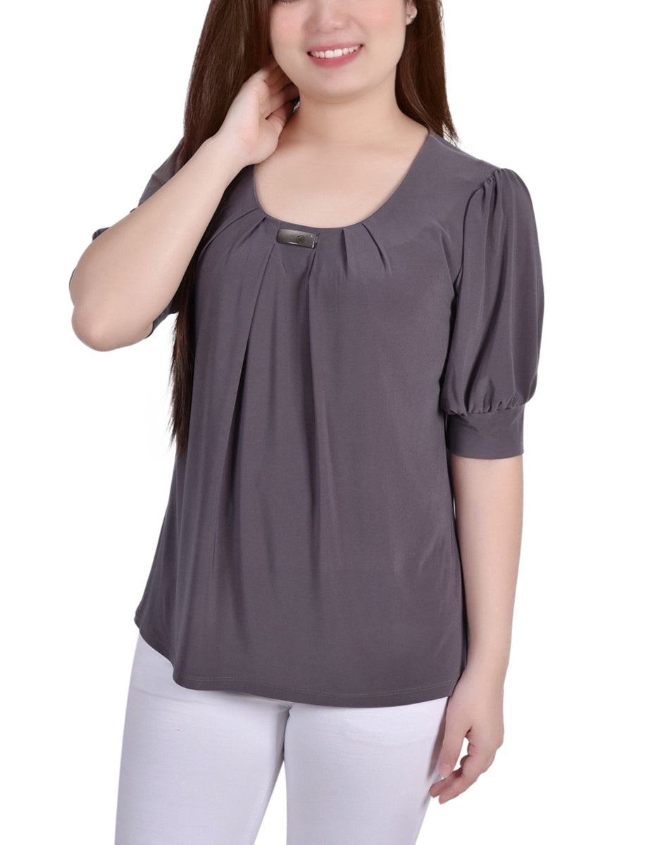  NY Collection Short Sleeve Balloon Sleeve Top With Hardware - Samoan Sun - Bonton