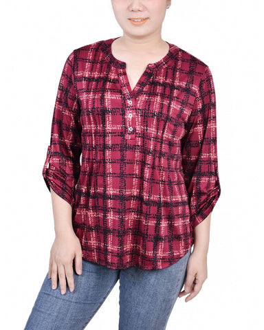 Petite 3/4 Roll Tab Sleeve Y Neck Top