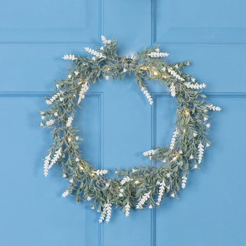 Pre-Lit Battery Operated White Lavender Spring Wreath - 16" - White LED Lights