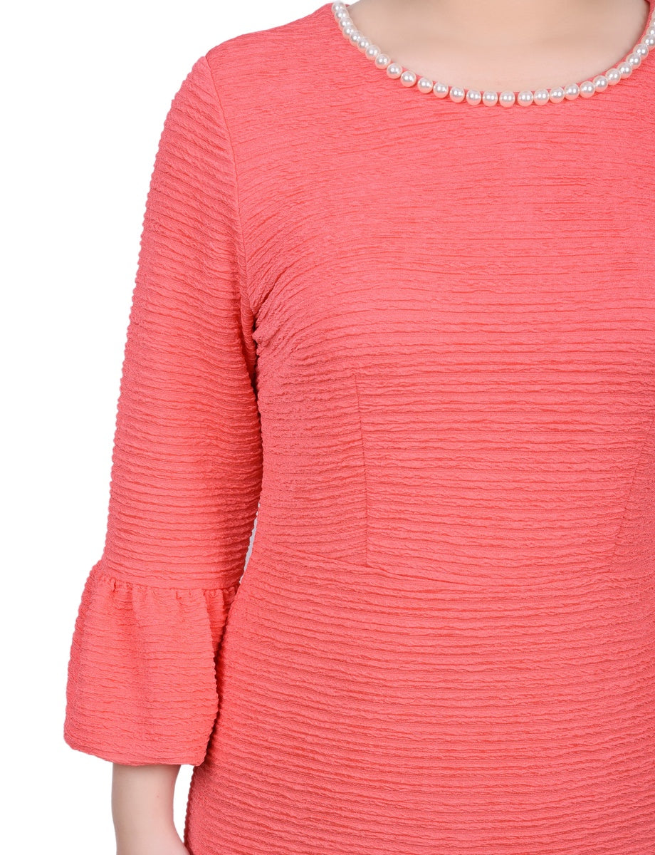  NY Collection Petite 3/4 Length Pearl Detail Dress - Coral - Bonton