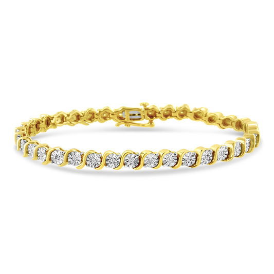 14K Yellow Gold Plated .925 Sterling Silver 1/4 Cttw Diamond Round Miracle Plate And "S" Link Tennis Bracelet (I-J Color, I2- I3 Clarity) - 7"