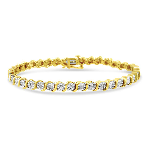 14K Yellow Gold Plated .925 Sterling Silver 1/4 Cttw Diamond Round Miracle Plate And "S" Link Tennis Bracelet (I-J Color, I2- I3 Clarity) - 7"