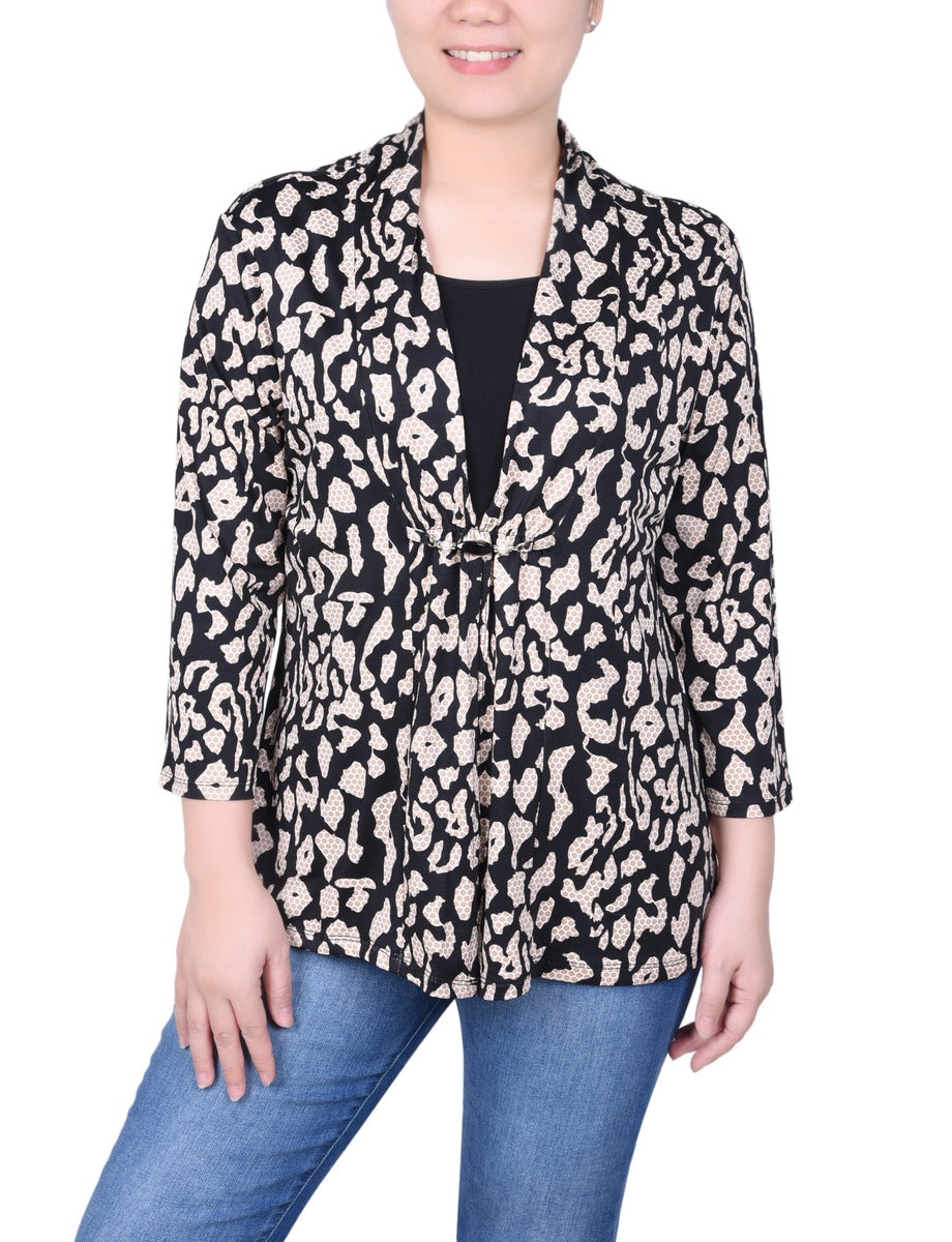  NY Collection Petite Puff Print 3/4 Sleeve Two-Fer Top - Jester Red Ivory Geo - Bonton