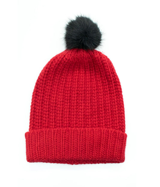 Beanie With Faux Fur Pom Sangria Red