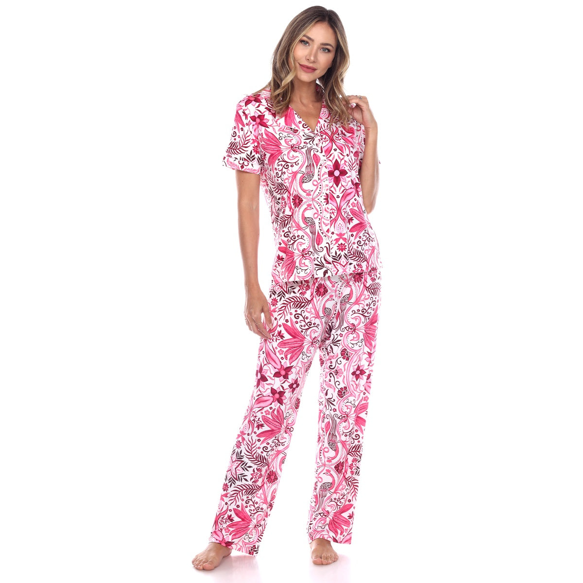  White Mark Women's Short Sleeve & Pants Tropical Pajama Set - L - Bonton