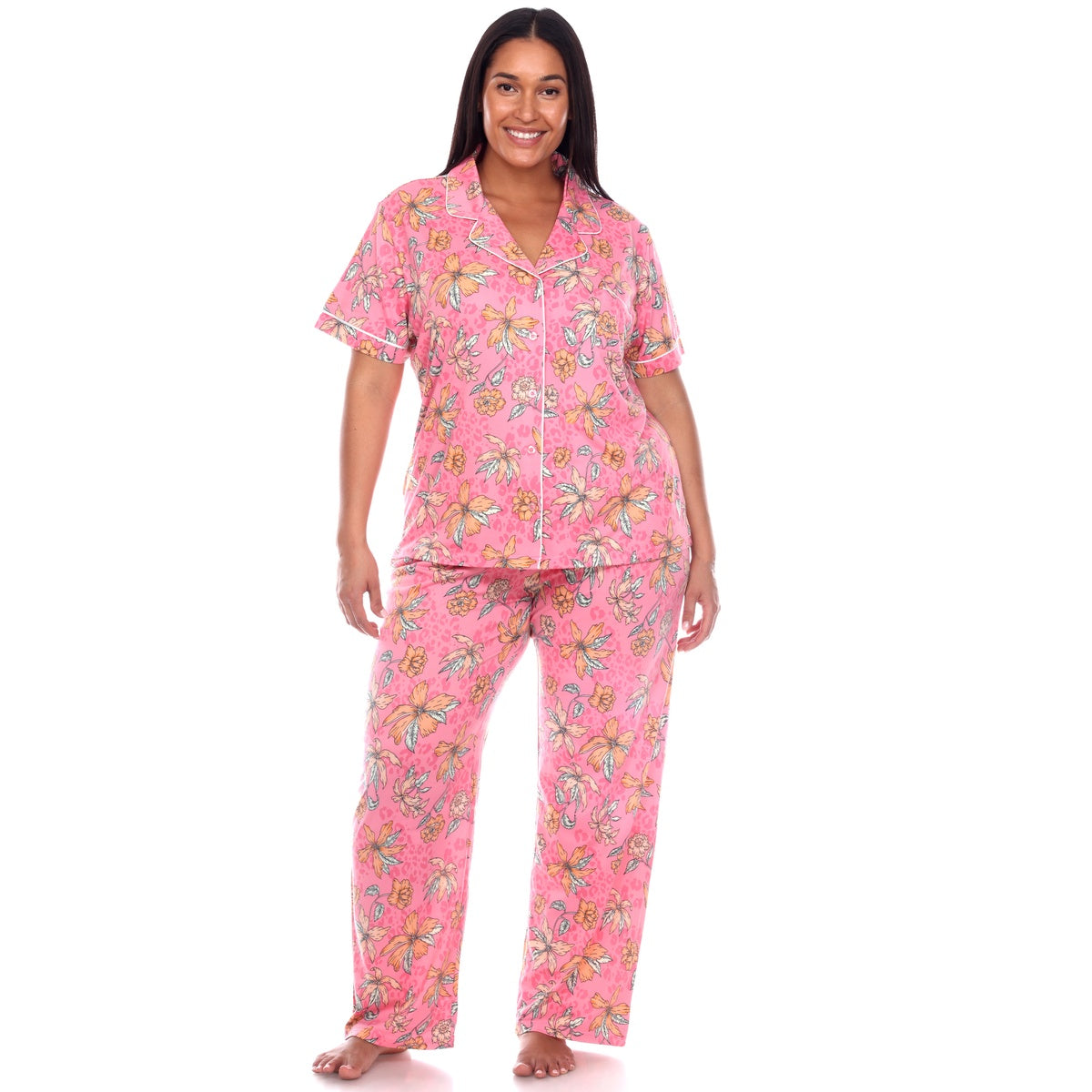  White Mark Plus Size Short Sleeve & Pants Tropical Pajama Set - 3X - Bonton