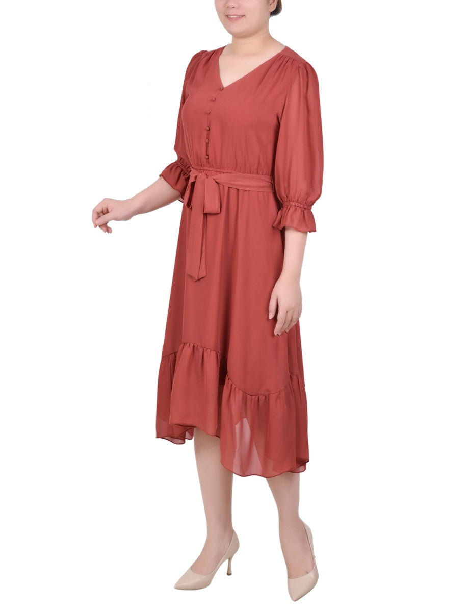  NY Collection Petite 3/4 Sleeve V-Neck Flounced Dress - Marsala - Bonton