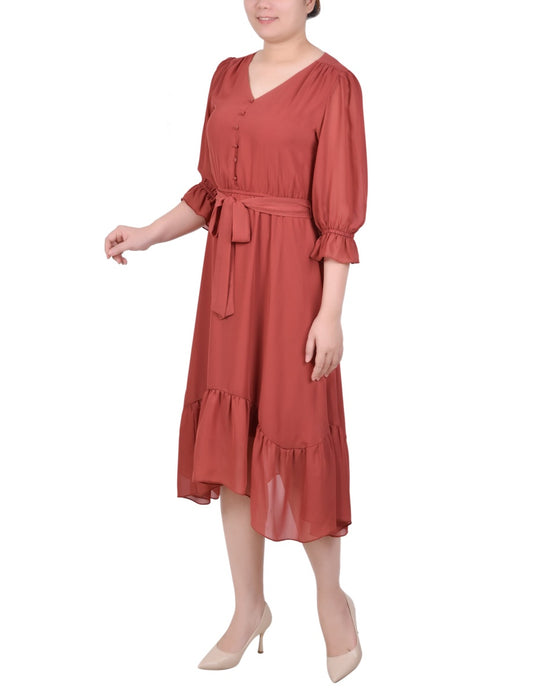 Petite 3/4 Sleeve V-Neck Flounced Dress