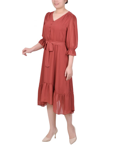 Petite 3/4 Sleeve V-Neck Flounced Dress