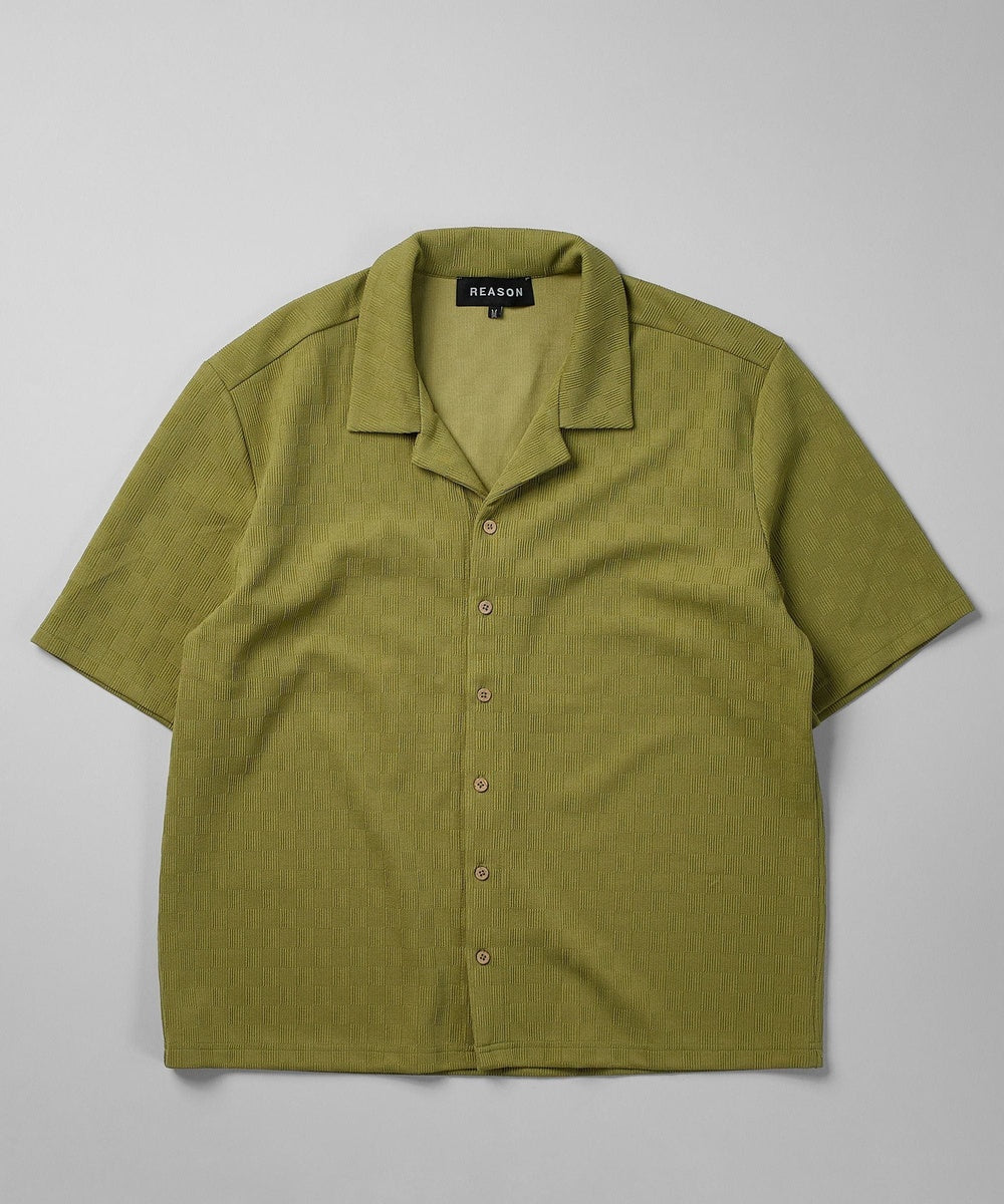  Reason Clothing Jacquard Textured Knit Short Sleeve Button Down Shirt - Olive Green - OLIVE GREEN - Bonton